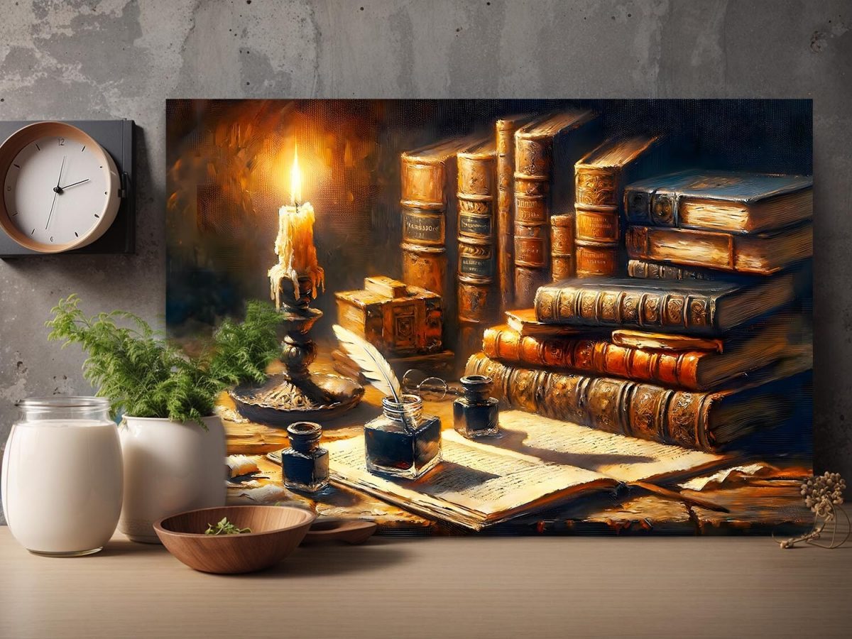 57-364.jpg Stillleben antike Bücker, Tintenfass bei Kerzenlich, Digital Art,