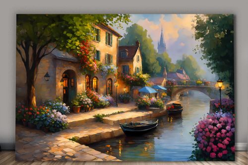 Europäisches Dorf am Abend – wie Ölgemälde, Digital Art, KI Art