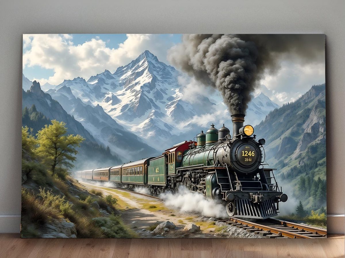 Dampflok fährt durch malerische Berglandschaft , Bild auf Leinwand