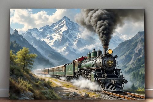 57-385.jpg Dampflok fährt durch malerische Berglandschaft , Bild auf Leinwand