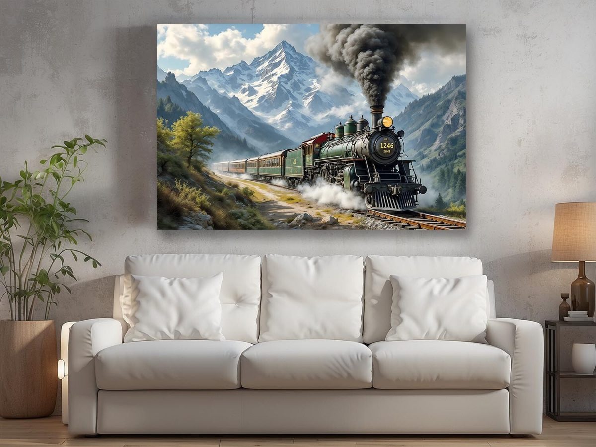 Dampflok fährt durch malerische Berglandschaft , Bild auf Leinwand