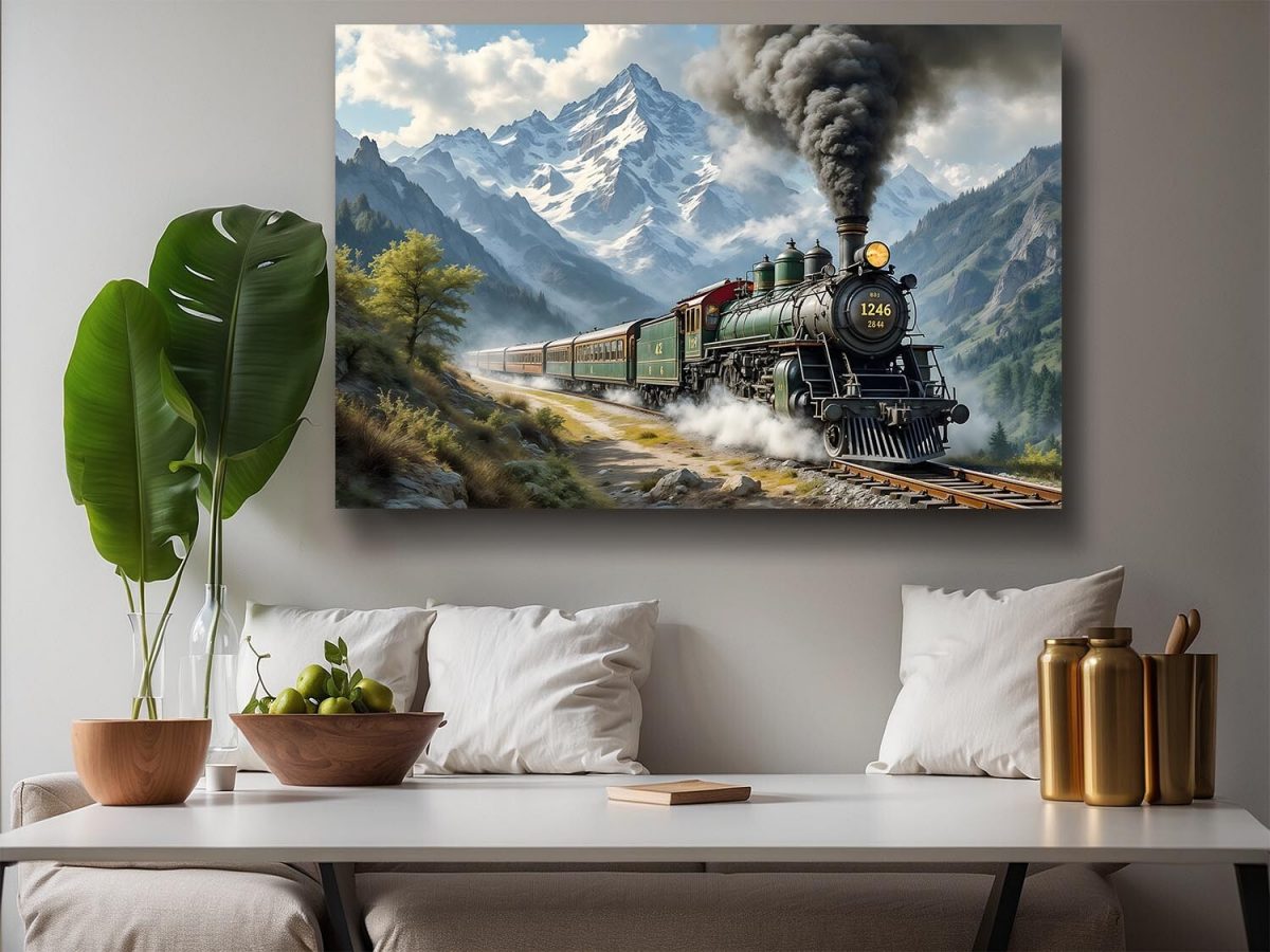 Dampflok fährt durch malerische Berglandschaft , Bild auf Leinwand