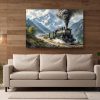 Dampflok fährt durch malerische Berglandschaft , Bild auf Leinwand