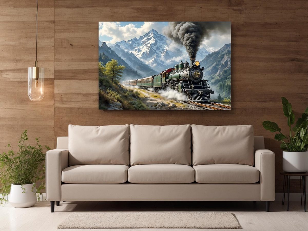 Dampflok fährt durch malerische Berglandschaft , Bild auf Leinwand