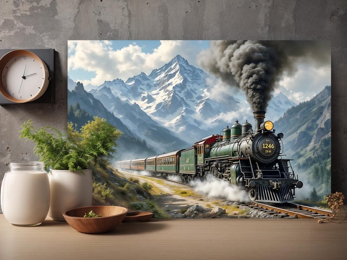 Dampflok fährt durch malerische Berglandschaft , Bild auf Leinwand