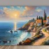 Küstendorf bei Sonnenuntergang – wie Ölgemälde, Digital Art, KI Art
