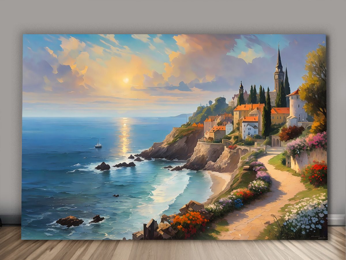 Küstendorf bei Sonnenuntergang – wie Ölgemälde, Digital Art, KI Art