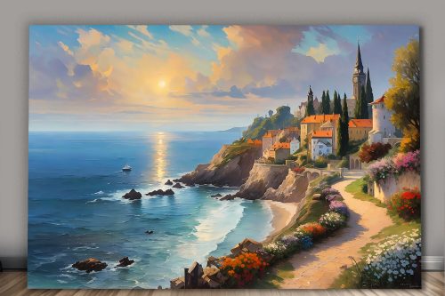 Küstendorf bei Sonnenuntergang – wie Ölgemälde, Digital Art, KI Art