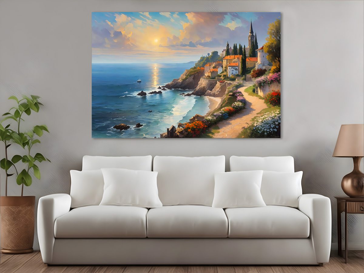 Küstendorf bei Sonnenuntergang – wie Ölgemälde, Digital Art, KI Art