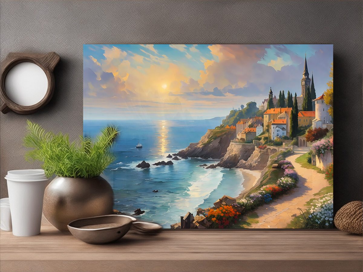 Küstendorf bei Sonnenuntergang – wie Ölgemälde, Digital Art, KI Art