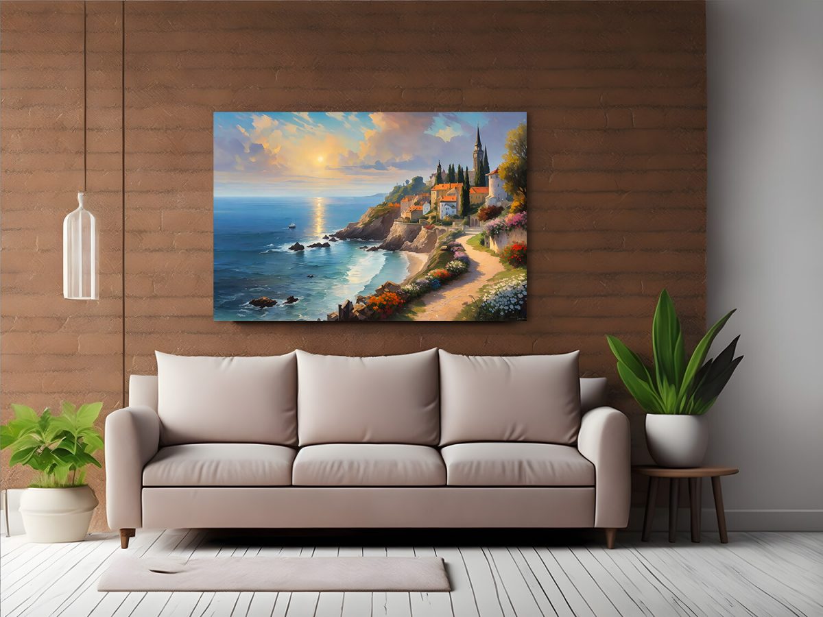 Küstendorf bei Sonnenuntergang – wie Ölgemälde, Digital Art, KI Art