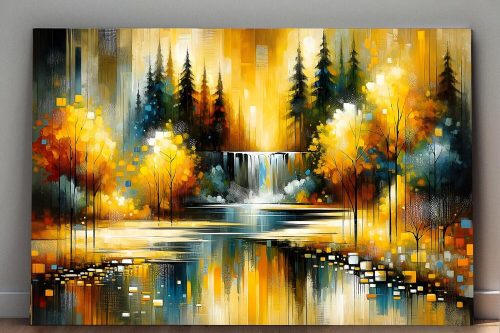 Abstrake Herbstszene mit Wasserfall im Park, Digital Art, KI Art