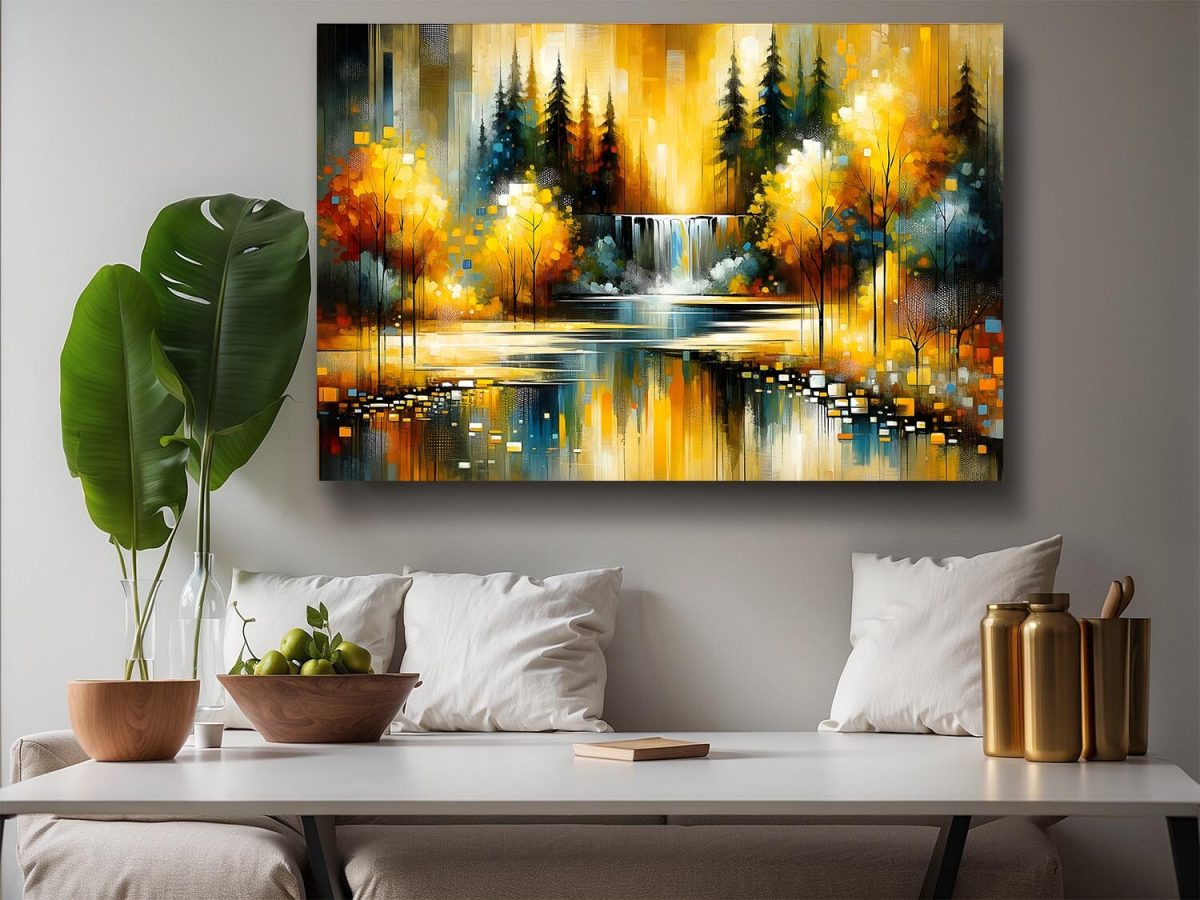 57-407.jpg Abstrake Herbstszene mit Wasserfall im Park, Digital Art, KI Art