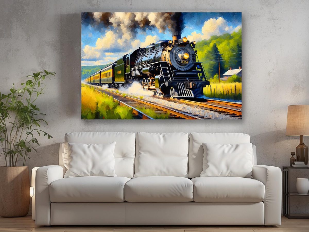 Dampflok fährt durch malerische Landschaft , Digital Art, KI Art