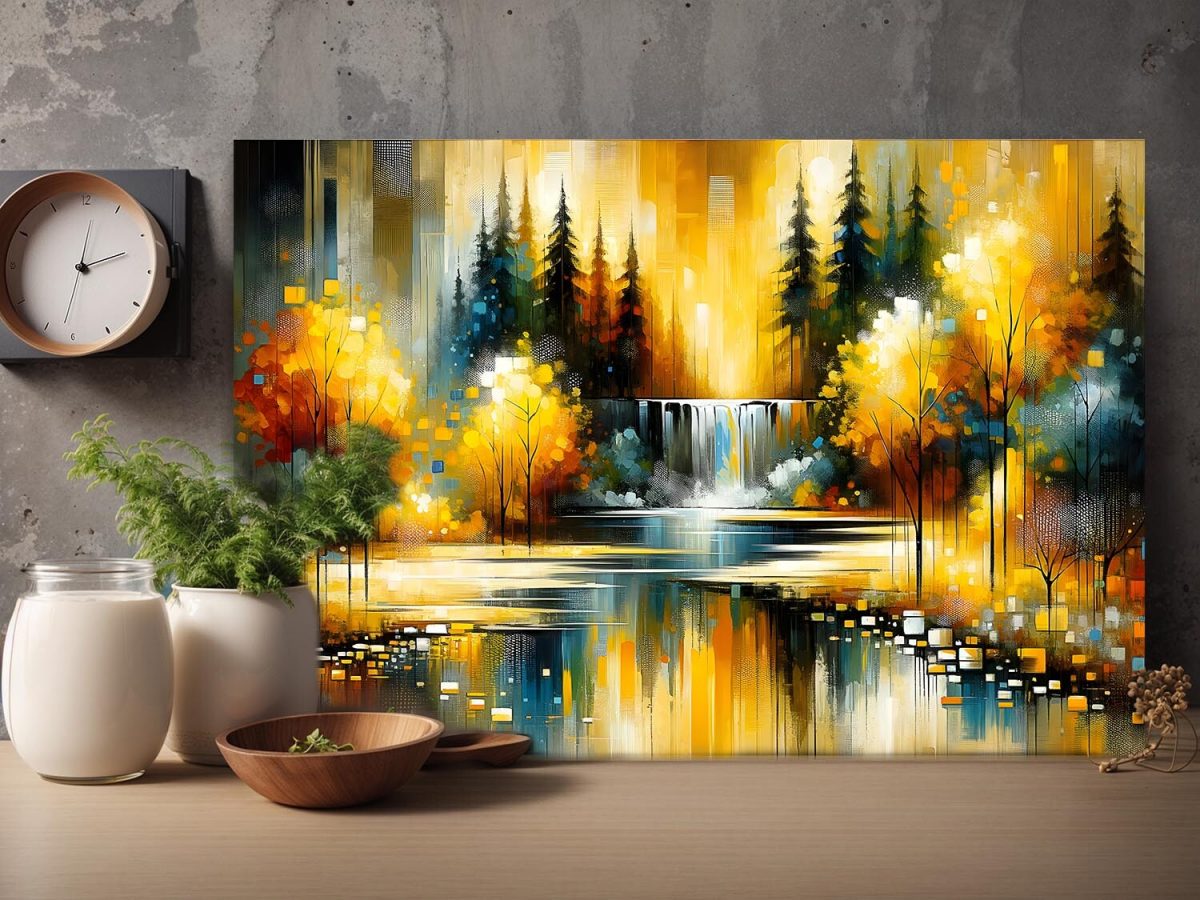 57-411.jpg Abstrake Herbstszene mit Wasserfall im Park, Digital Art, KI Art