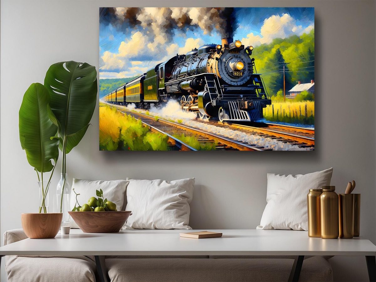 Dampflok fährt durch malerische Landschaft , Digital Art, KI Art