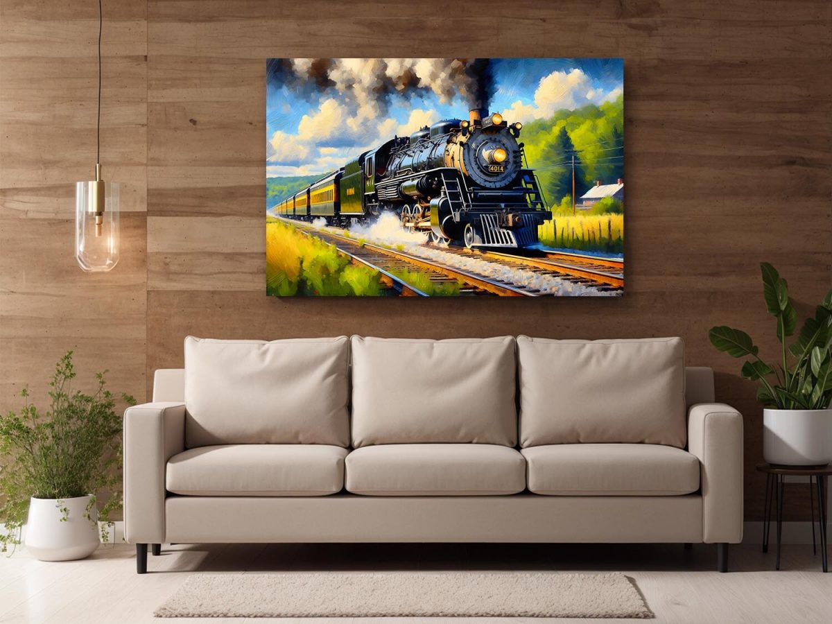 Dampflok fährt durch malerische Landschaft , Digital Art, KI Art