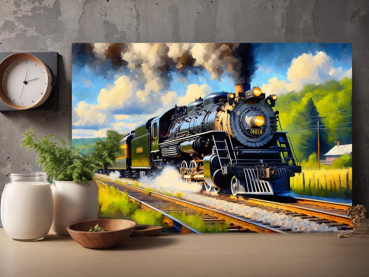 Dampflok fährt durch malerische Landschaft , Digital Art, KI Art