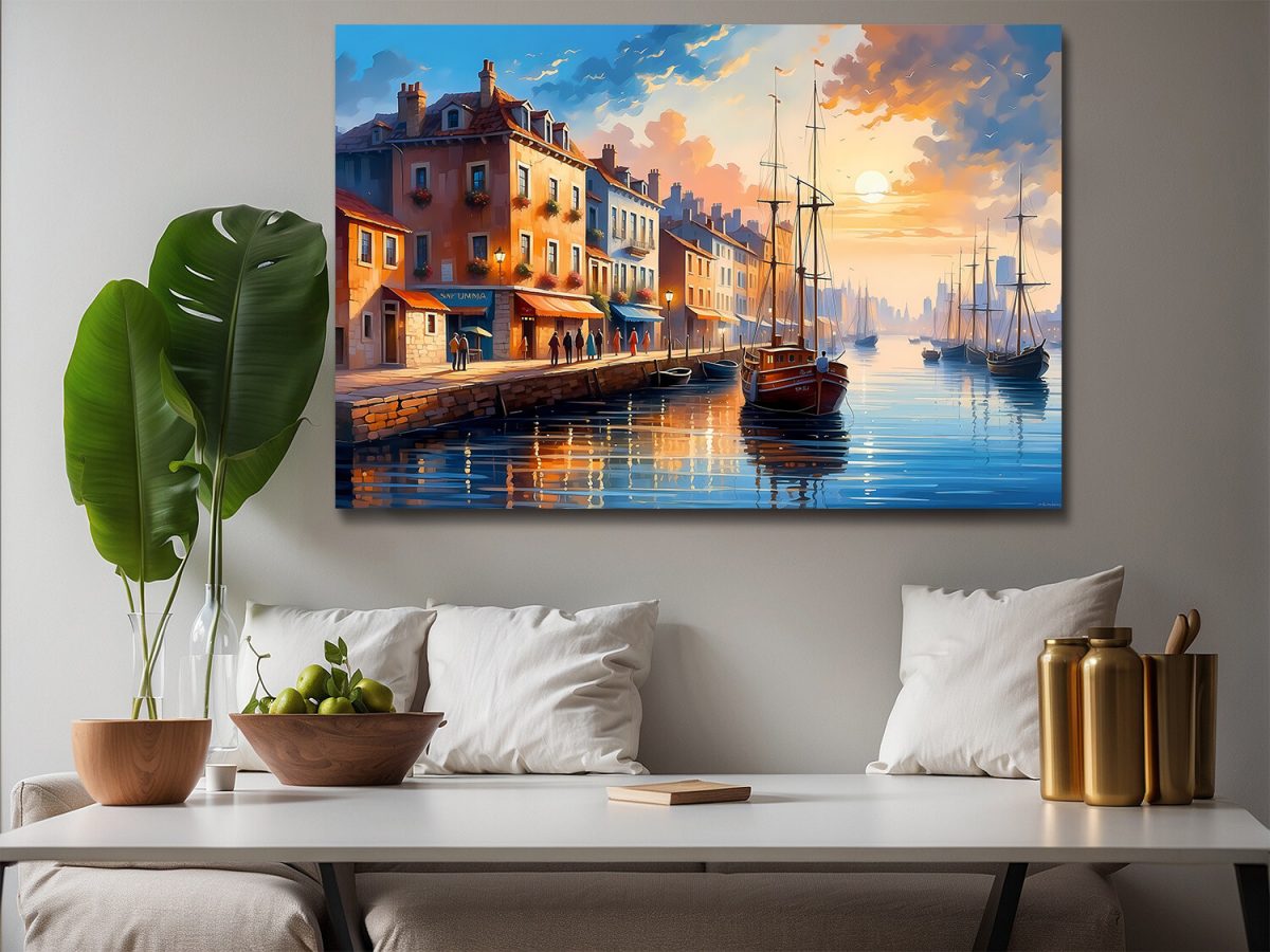 Hafen im Sonnenuntergang– wie Ölgemälde, Digital Art, KI Art