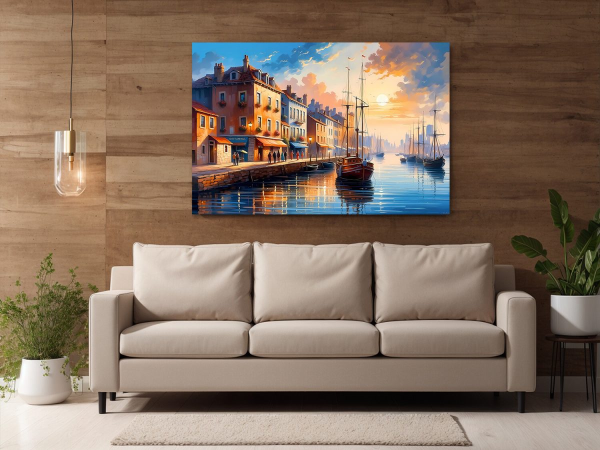 Hafen im Sonnenuntergang– wie Ölgemälde, Digital Art, KI Art