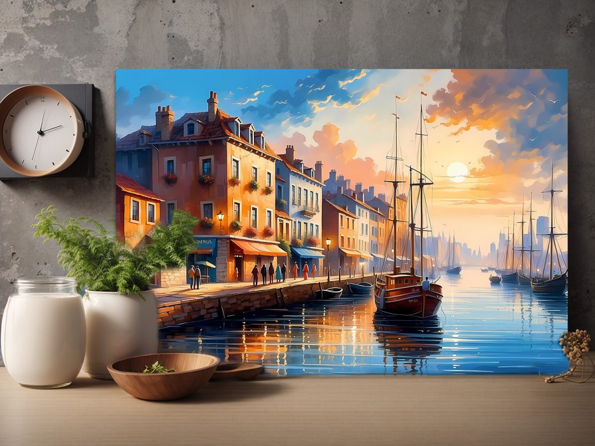 Hafen im Sonnenuntergang– wie Ölgemälde, Digital Art, KI Art