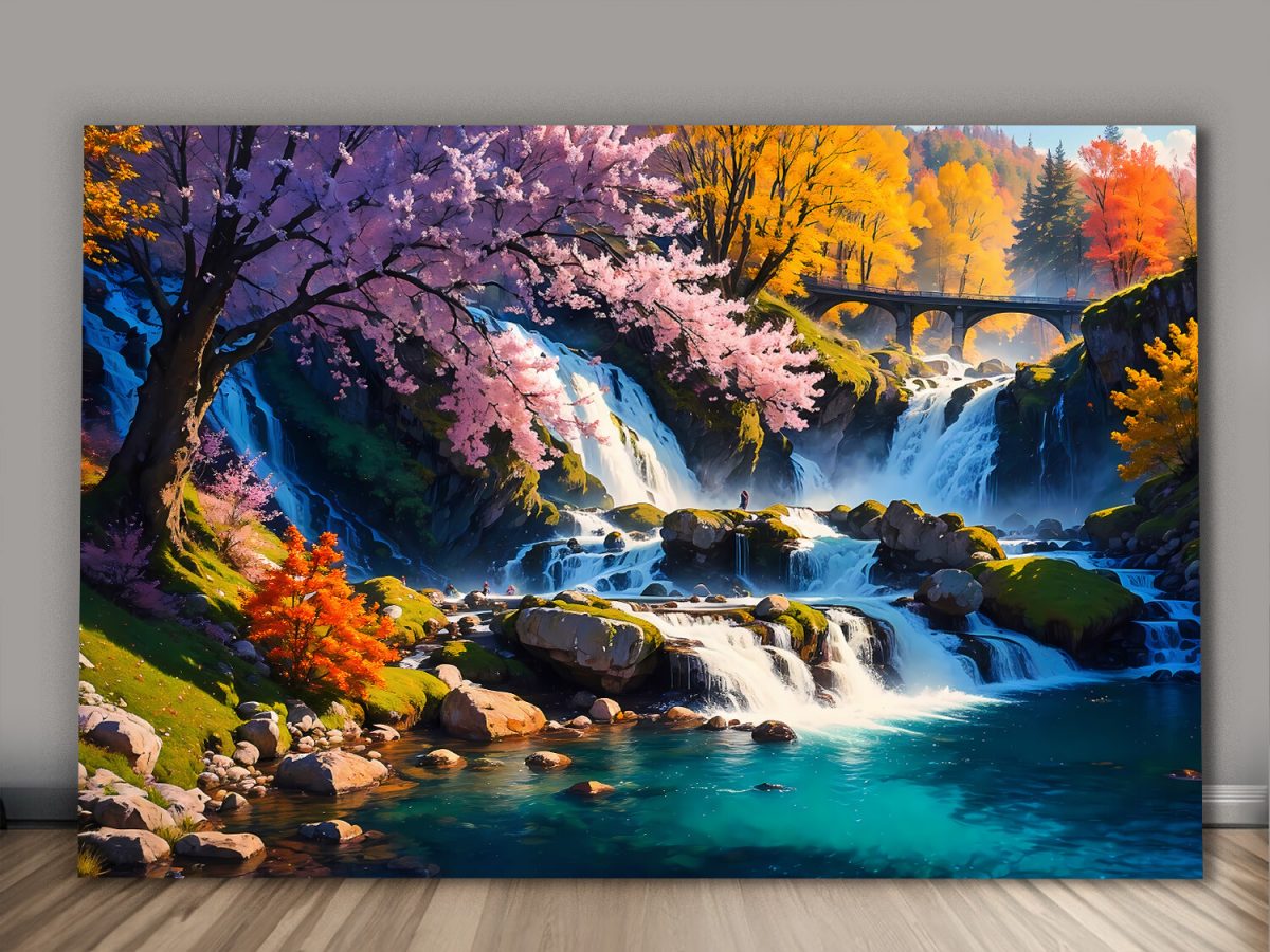 57-450.jpg Herbstliche Harmonie –Wasserfall wie Ölgemälde, Digital Art, KI Art