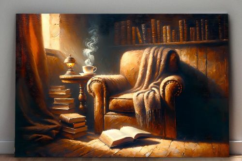 Lesepause im gemütlichen Sessel mit Tee und Buch, Digital Art, KI