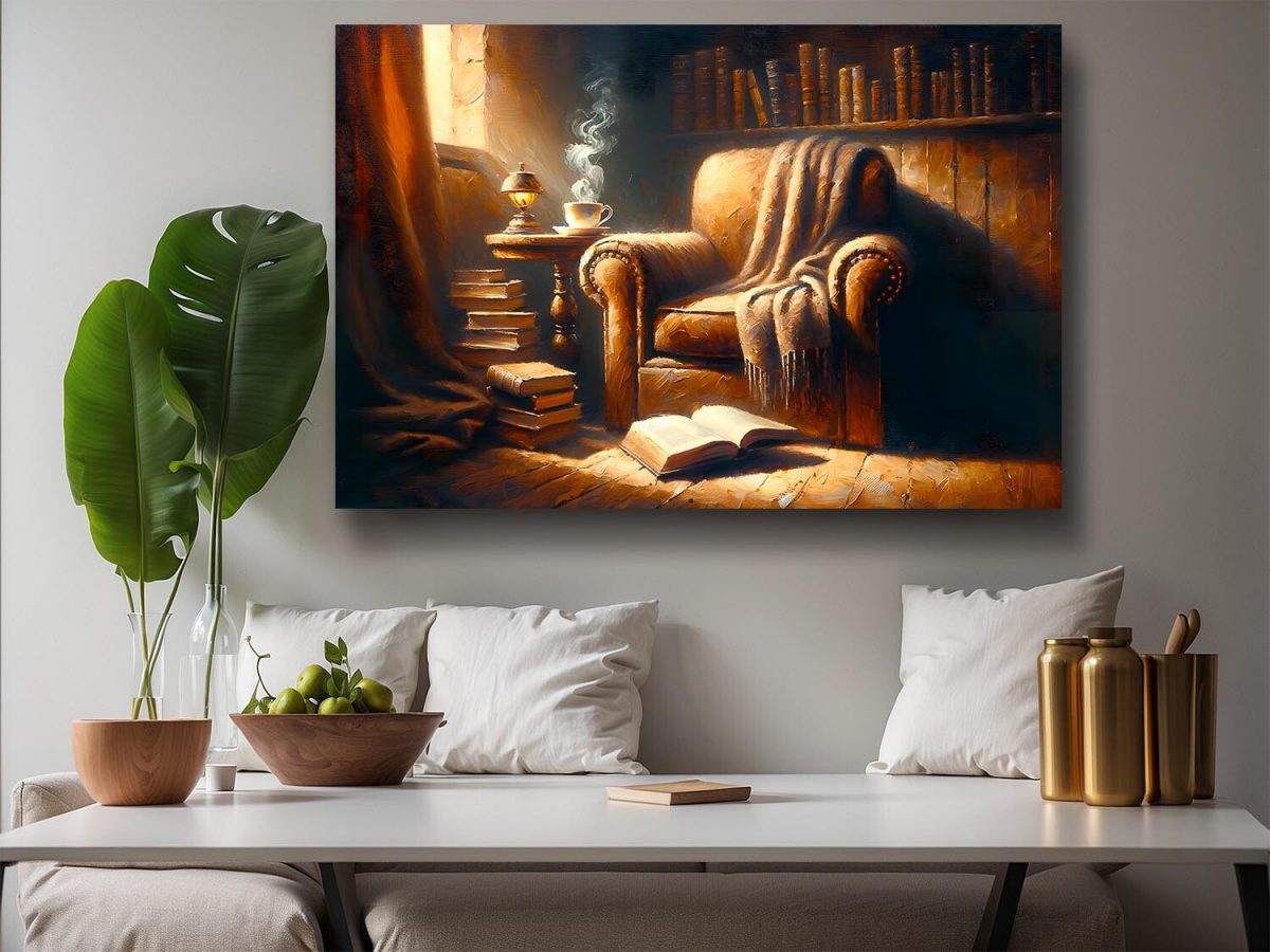 57-462.jpg Lesepause im gemütlichen Sessel mit Tee und Buch, Digital Art, KI