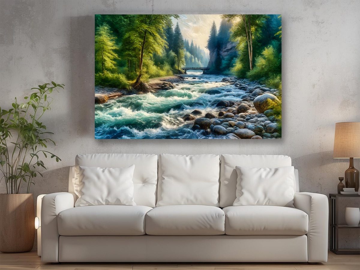 Flusslandschaft mit Brücke und Bäumen – Leinwanddruck, Digital Art, KI Art