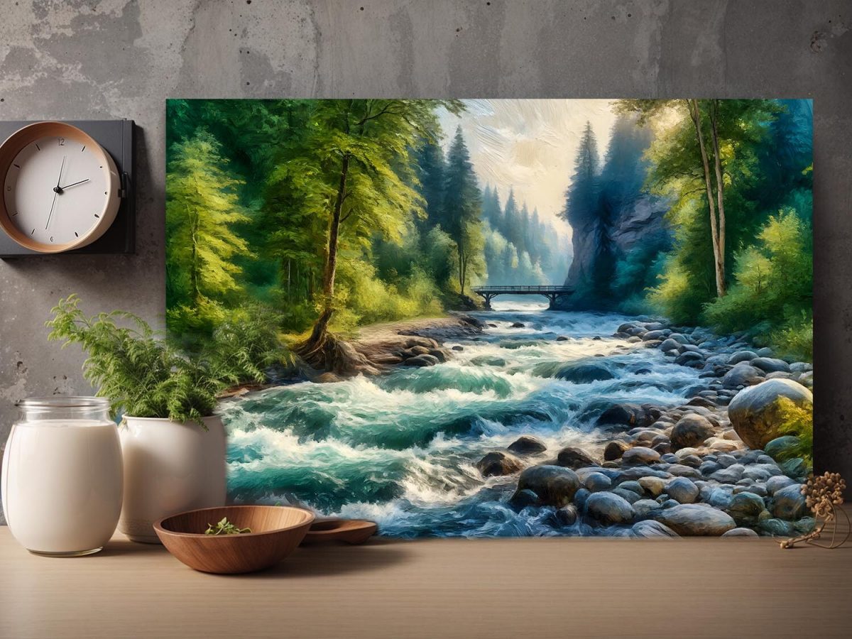 Flusslandschaft mit Brücke und Bäumen – Leinwanddruck, Digital Art, KI Art