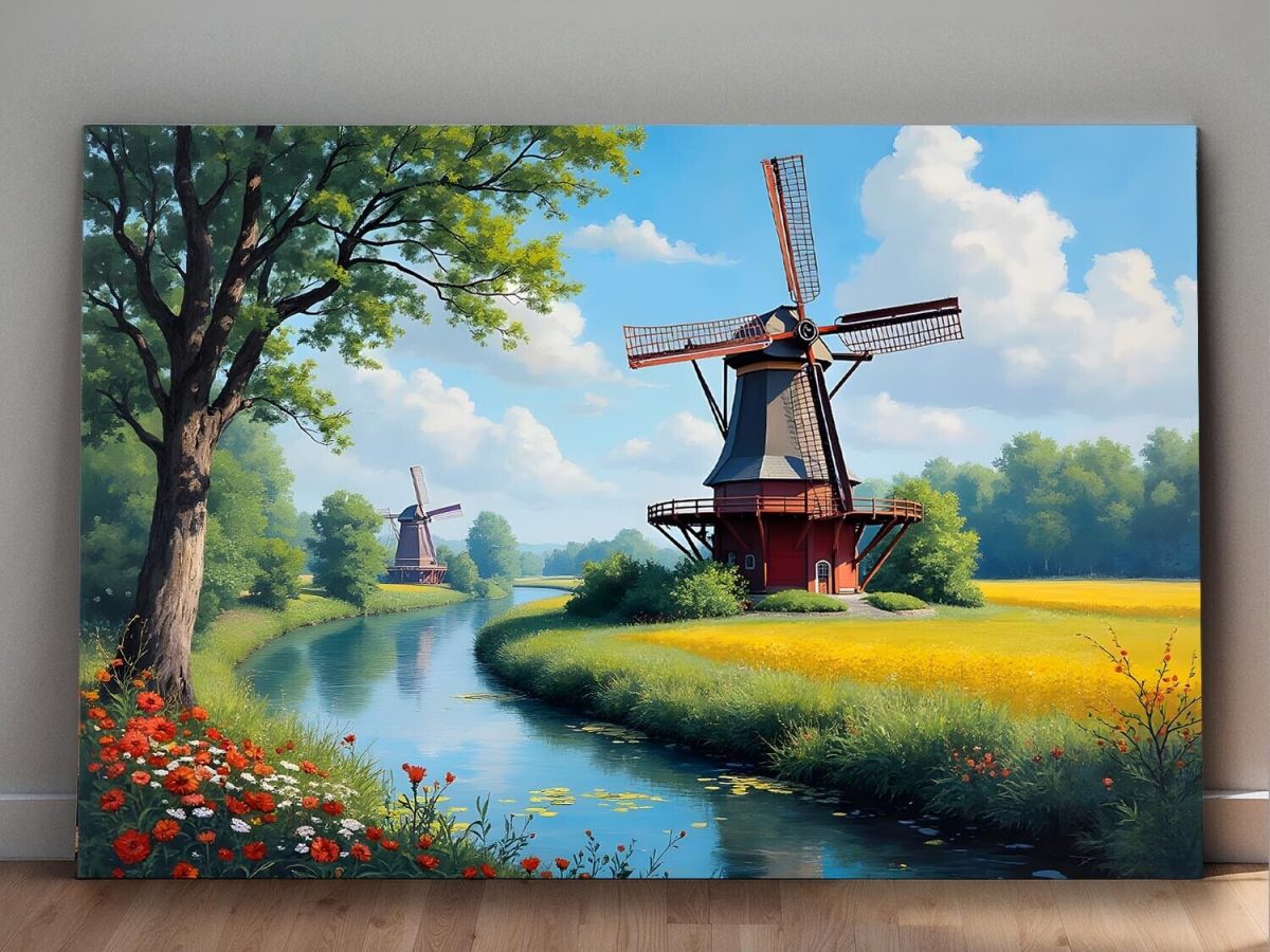 57-476.jpg Windmühle am Fluss in idyllischer Landschaft, Digital Art, KI Art