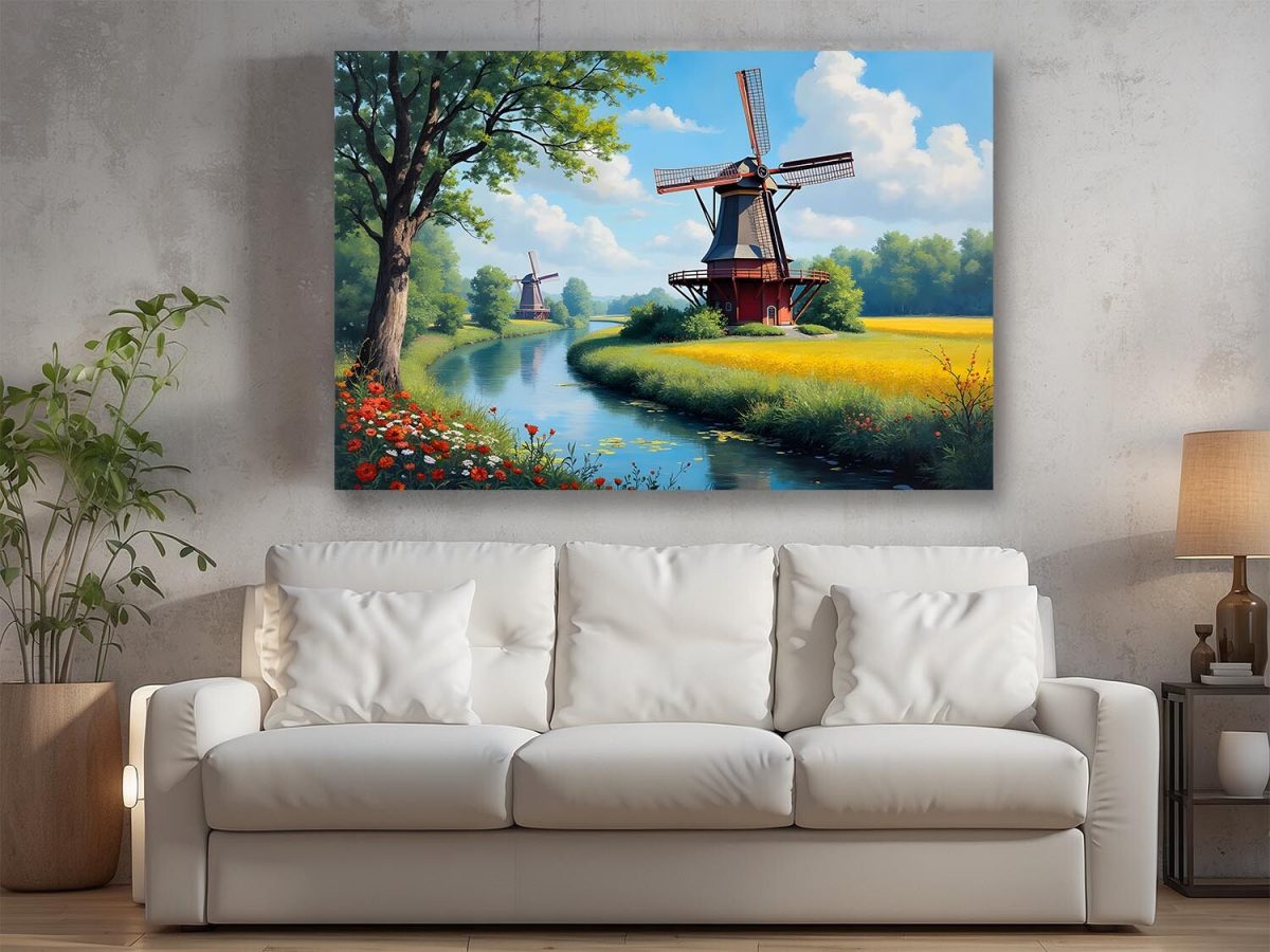 57-478.jpg Windmühle am Fluss in idyllischer Landschaft, Digital Art, KI Art