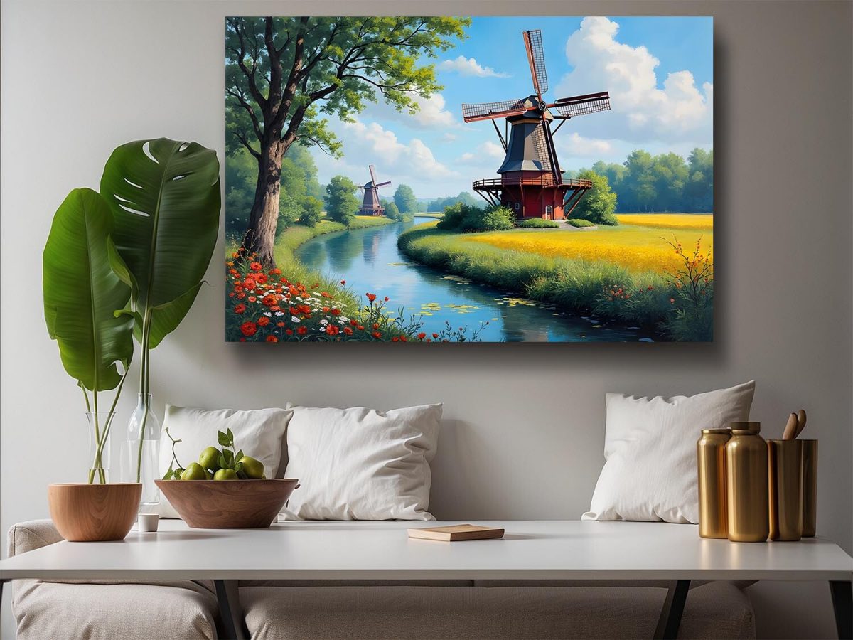 57-480.jpg Windmühle am Fluss in idyllischer Landschaft, Digital Art, KI Art