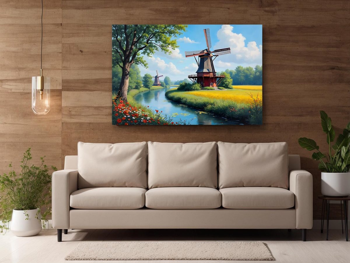 57-481.jpg Windmühle am Fluss in idyllischer Landschaft, Digital Art, KI Art