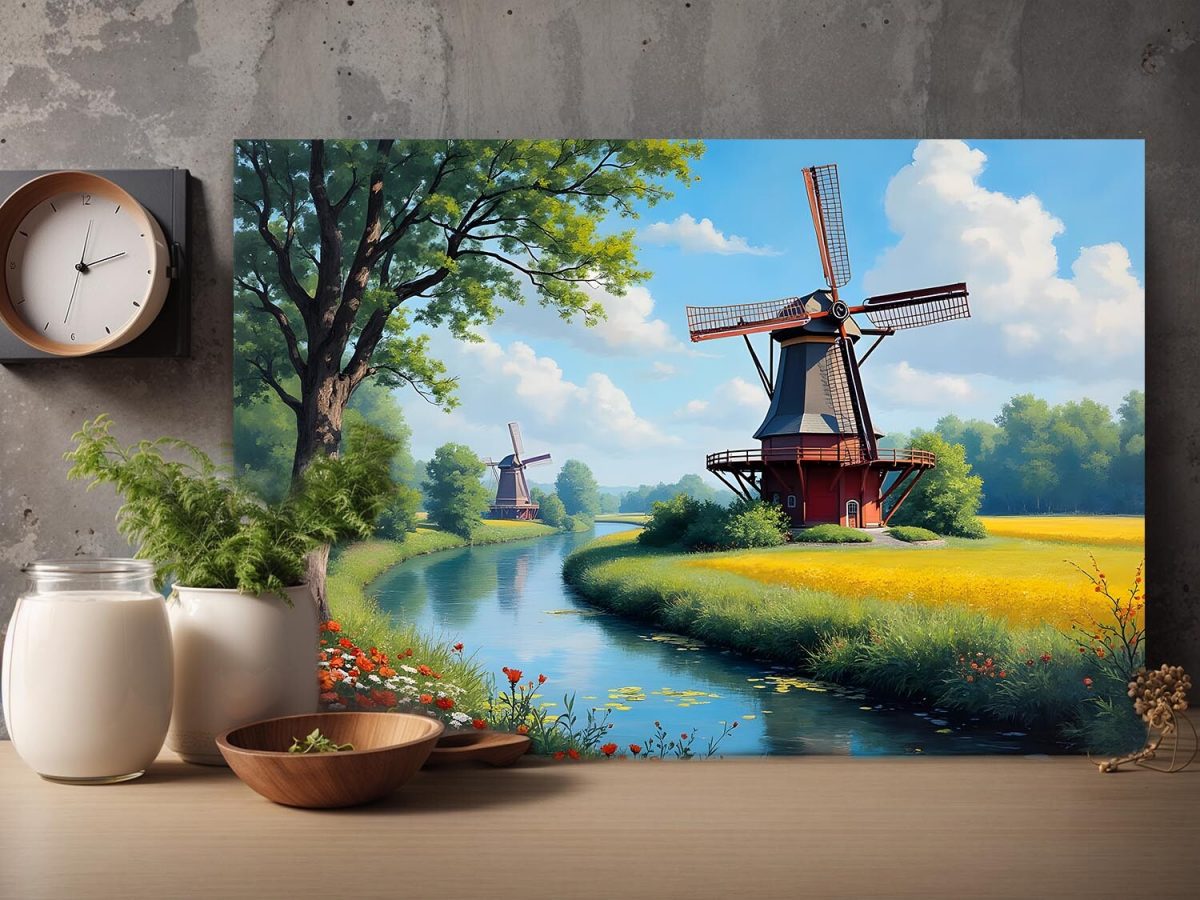 57-483.jpg Windmühle am Fluss in idyllischer Landschaft, Digital Art, KI Art
