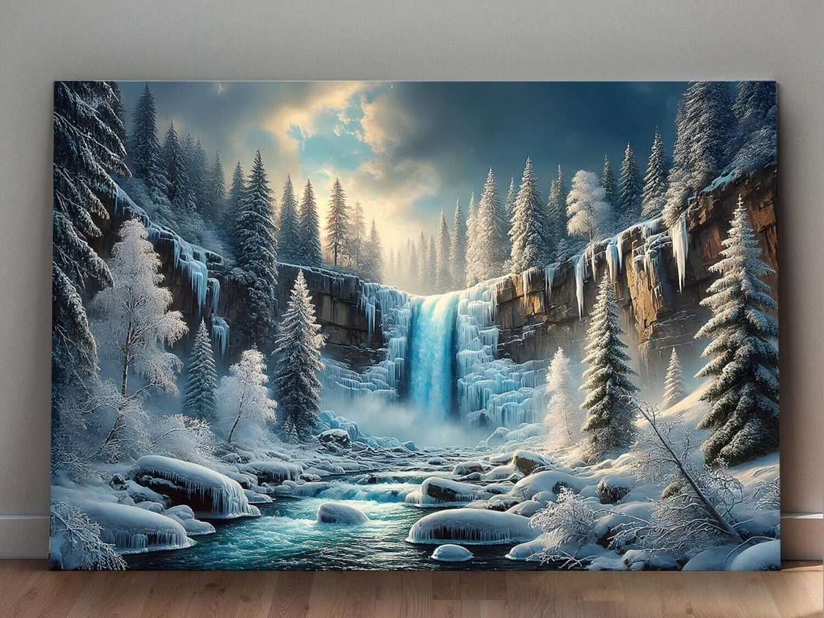 57-487.jpg Faszinierende Winterlandschaft mit Wasserfall - Bild auf Leinwand
