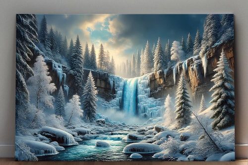57-487.jpg Faszinierende Winterlandschaft mit Wasserfall - Bild auf Leinwand