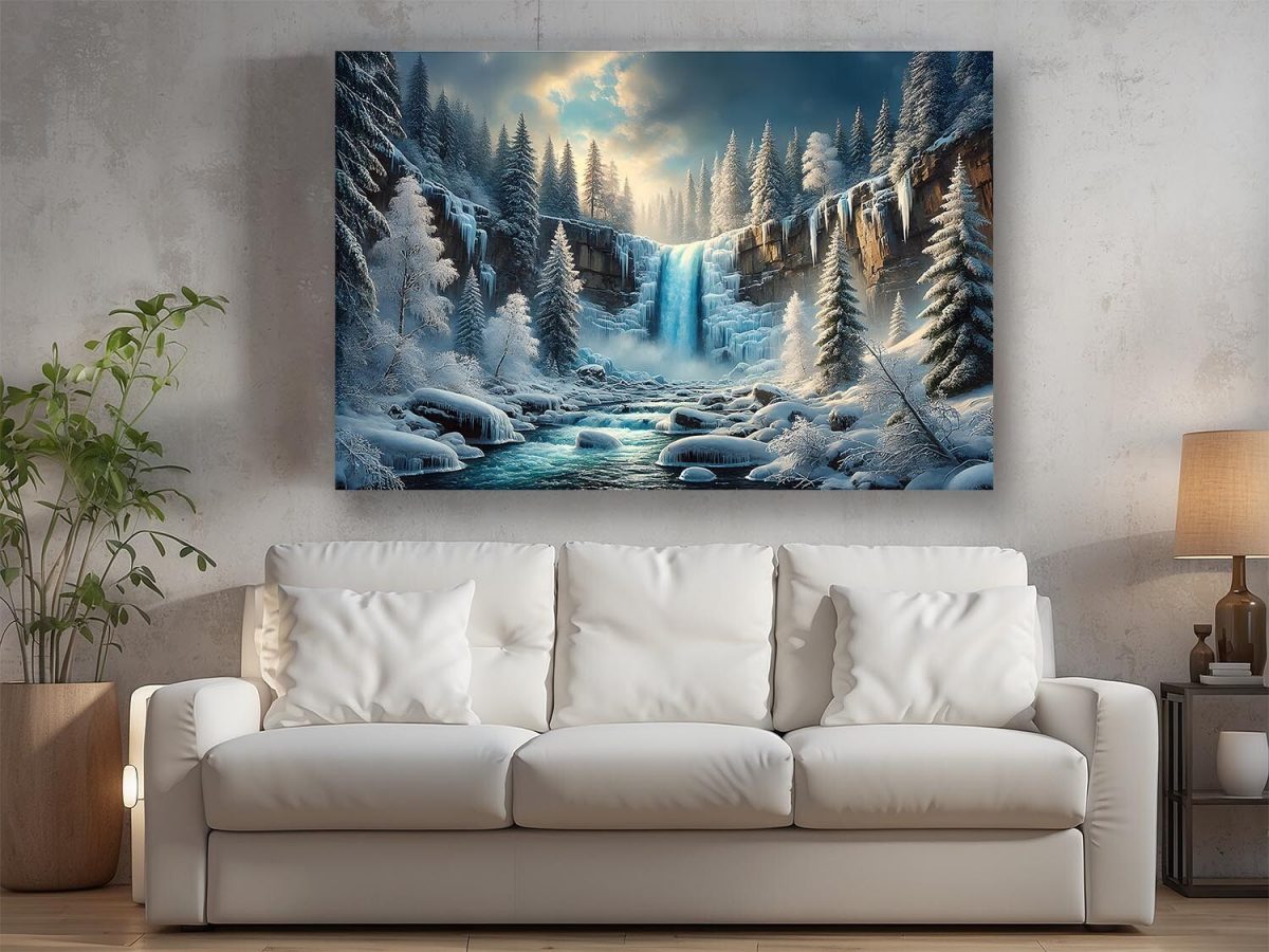 57-489.jpg Faszinierende Winterlandschaft mit Wasserfall - Bild auf Leinwand