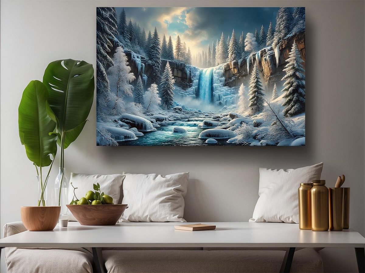 57-491.jpg Faszinierende Winterlandschaft mit Wasserfall - Bild auf Leinwand