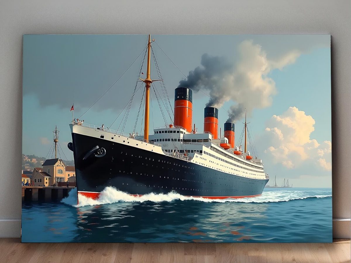 57-493.jpg Historischer Ozeandampfer verlässt das Dock , Digital Art, KI Art