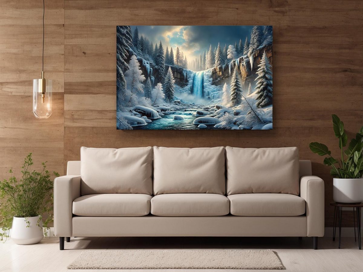 57-494.jpg Faszinierende Winterlandschaft mit Wasserfall - Bild auf Leinwand