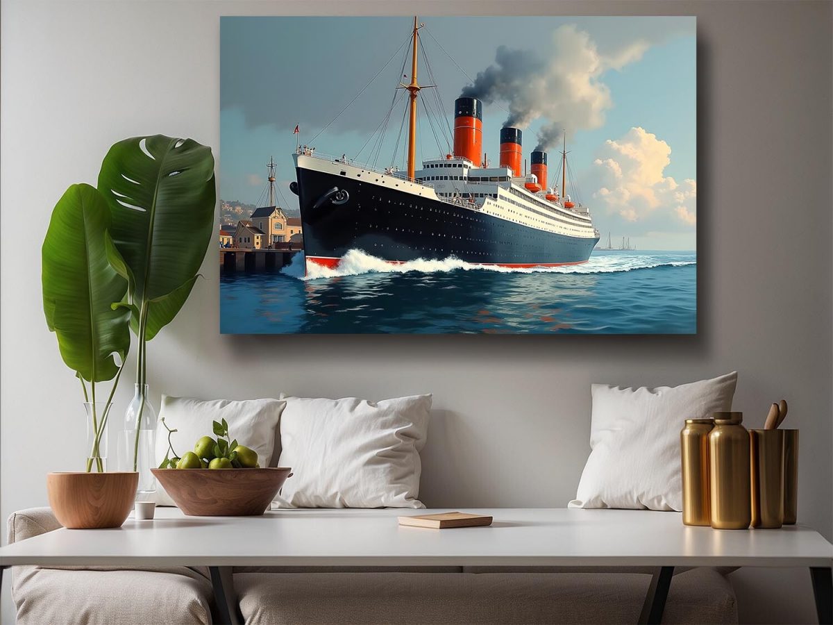 57-498.jpg Historischer Ozeandampfer verlässt das Dock , Digital Art, KI Art