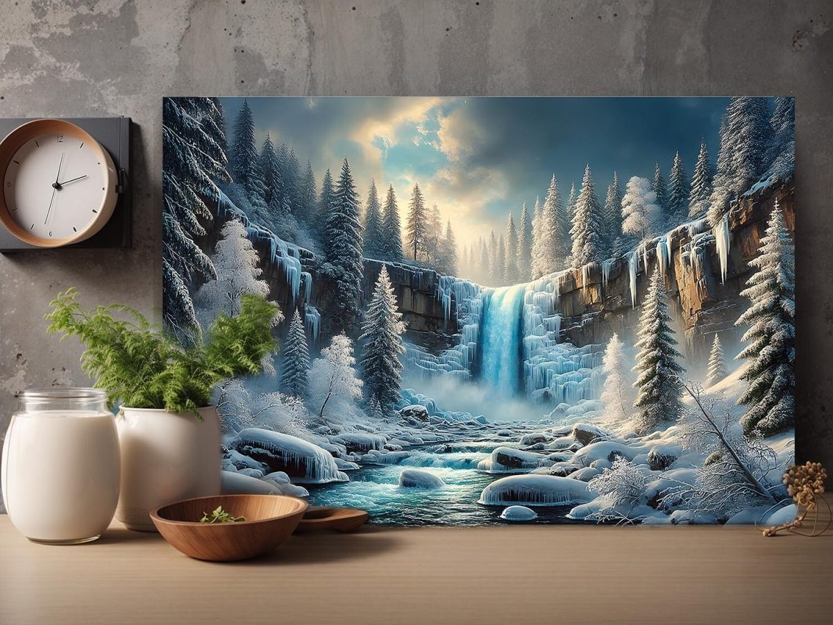 57-499.jpg Faszinierende Winterlandschaft mit Wasserfall - Bild auf Leinwand
