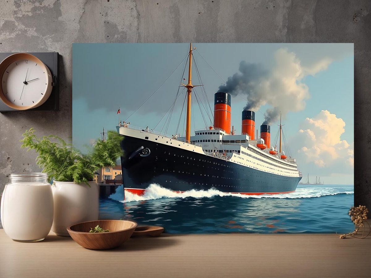 57-502.jpg Historischer Ozeandampfer verlässt das Dock , Digital Art, KI Art