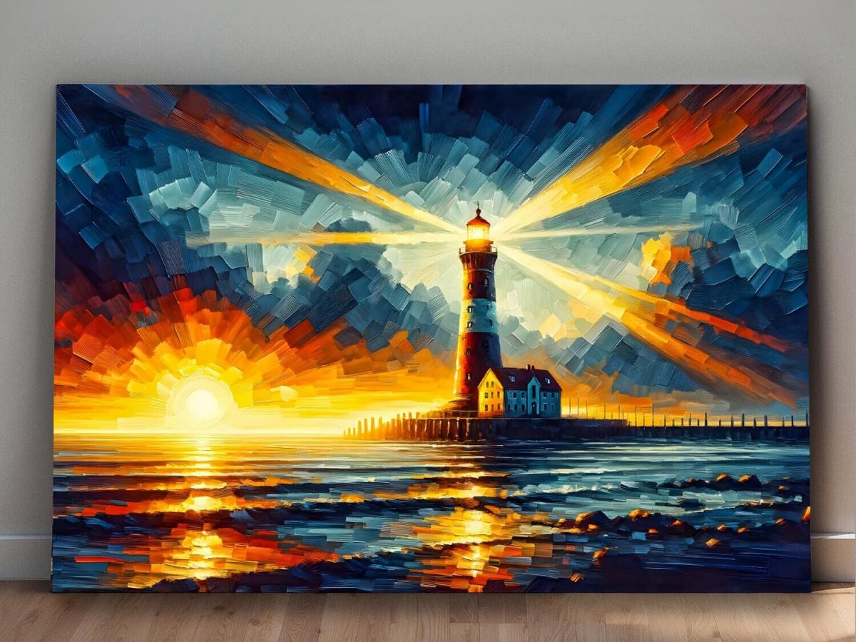 57-503.jpg Leuchtturm im Sonnenuntergang – wie Ölgemälde, Digital Art, KI Art