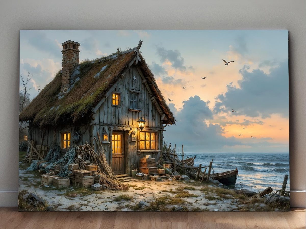 57-505.jpg Abendleuchten am Fischerhaus , Bild auf Leinwand,