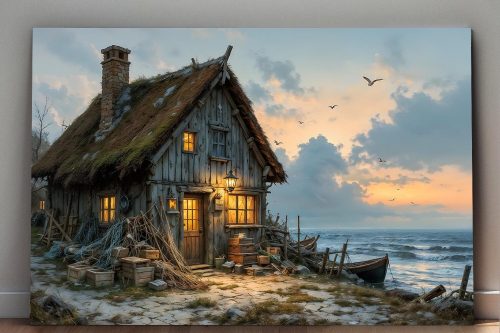 57-505.jpg Abendleuchten am Fischerhaus , Bild auf Leinwand,