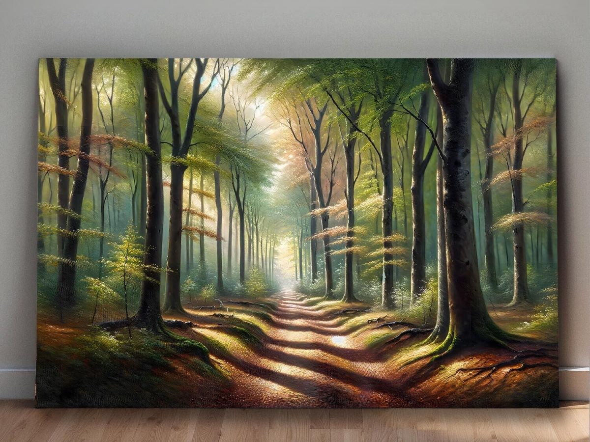 Verträumter Waldweg in goldenem Morgenlich – wie Ölgemälde, Digital Art, KI Art