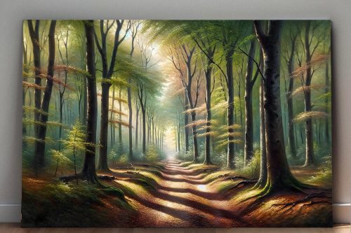 57-523.jpg Verträumter Waldweg in goldenem Morgenlich – wie Ölgemälde, Digital Art, KI Art