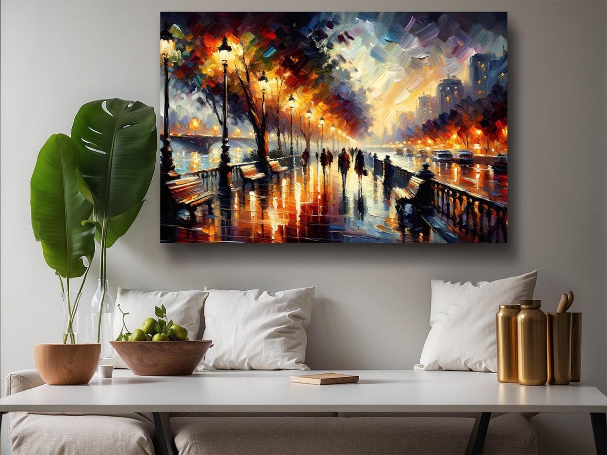 57-525.jpg Belebte Uferpromenade bei Nacht – wie Ölgemälde, Digital Art, KI Art